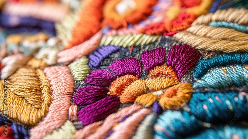 Poster A close-up of detailed hand embroidery on textile, capturing the colorful threads and the precise skill involved in creating intricate designs.