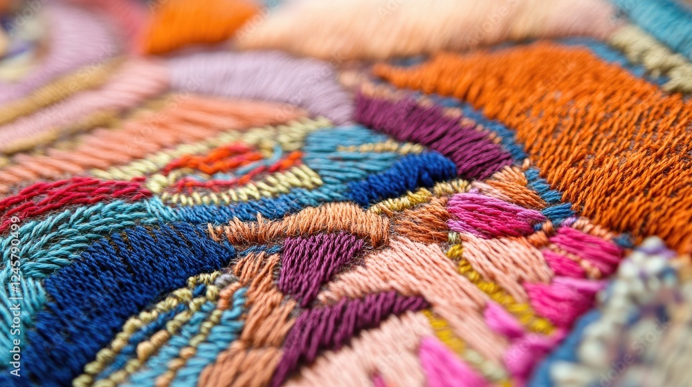 Poster A close-up of detailed hand embroidery on textile, capturing the colorful threads and the precise skill involved in creating intricate designs.