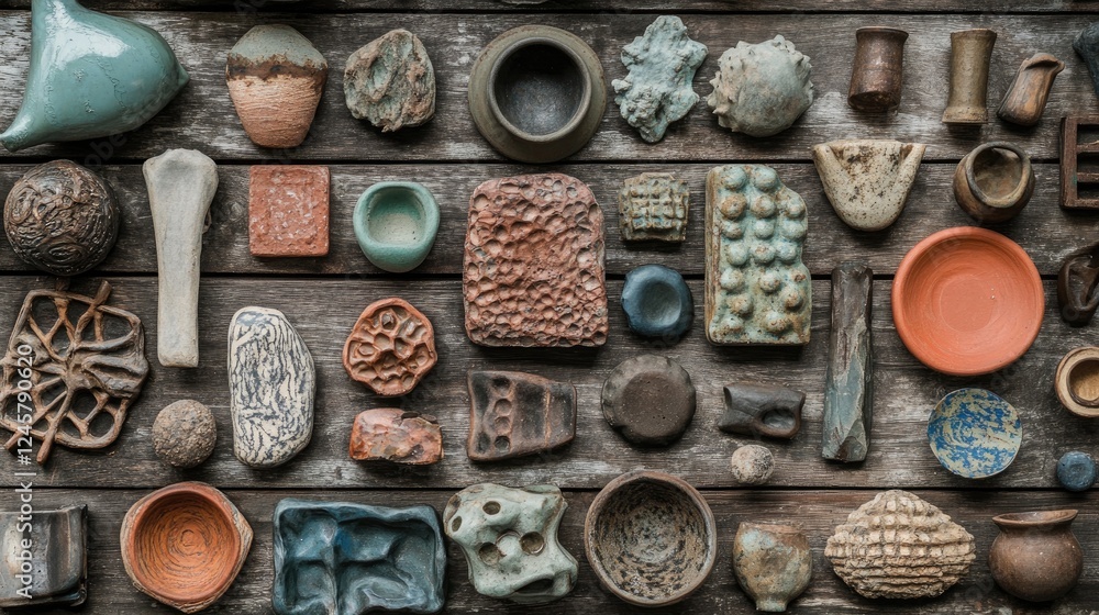 Poster a close-up of diverse pottery artifacts in various shapes and colors, arranged on a rustic wooden su