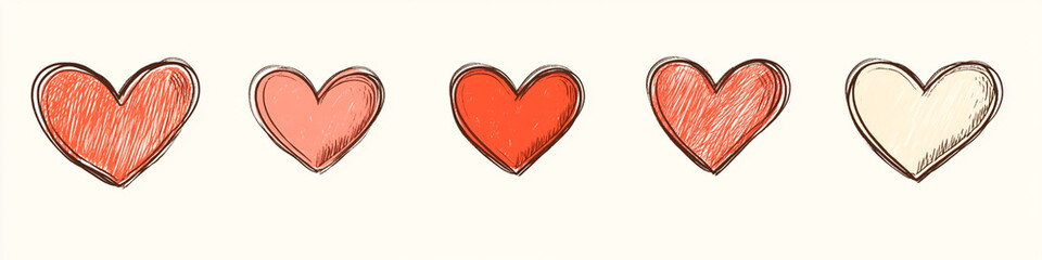 A set of hand-drawn red hearts on a white background features cute, simple doodles. These playful heart icons are perfect for Valentine's Day decorations, greeting cards, or digital designs.