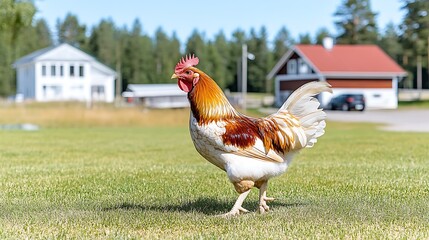 Fototapeta premium Rooster walking near homes