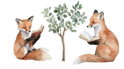 Playful Foxes Reading Books Under a Leafy Tree Illustration Watercolor