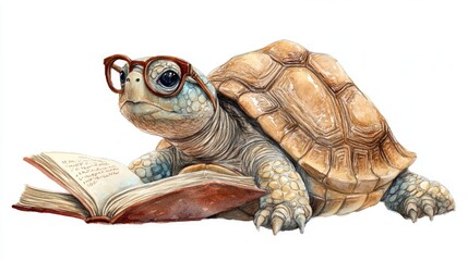 Wise Turtle Reading Book With Glasses in Cartoon Style Illustration Watercolor