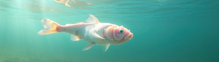 Underwater fish swimming sunlit water.