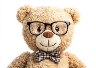 A cute teddy bear wearing glasses and a bow tie stands out against a white background. Its charming design and simple style make it ideal for playful illustrations, greeting cards, or digital content.