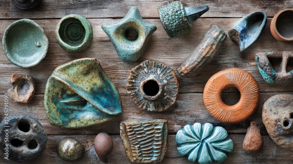 Poster a close-up of diverse pottery artifacts in various shapes and colors, arranged on a rustic wooden su