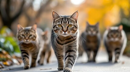 Fototapeta premium Magnificent Tabby Cats Walking on an Autumn Path: A Captivating Image of Feline Companionship