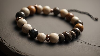 A beautiful bracelet made of various colored beads and stones, including brown and white. The bracelet is made up of different sized beads and stones, creating a unique and eye-catching design