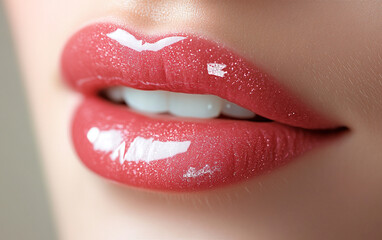 Obraz premium A close-up of lips coated in pink lip gloss, isolated on a white background. The sharp focus highlights the glossy texture and soft pink tones of the lips, emphasizing their smooth appearance.