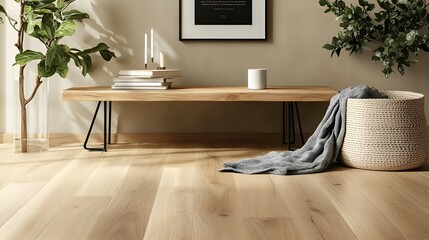 Modern, minimalist living room showcasing light oak hardwood flooring