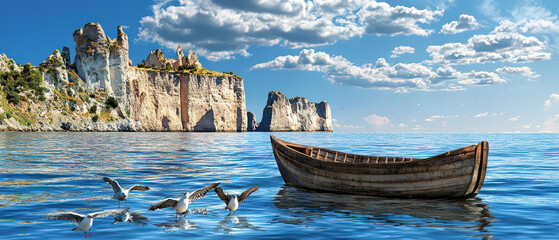 A serene seascape featuring a small boat on calm waters, surrounded by dramatic cliffs and flying birds under a blue sky with fluffy clouds.