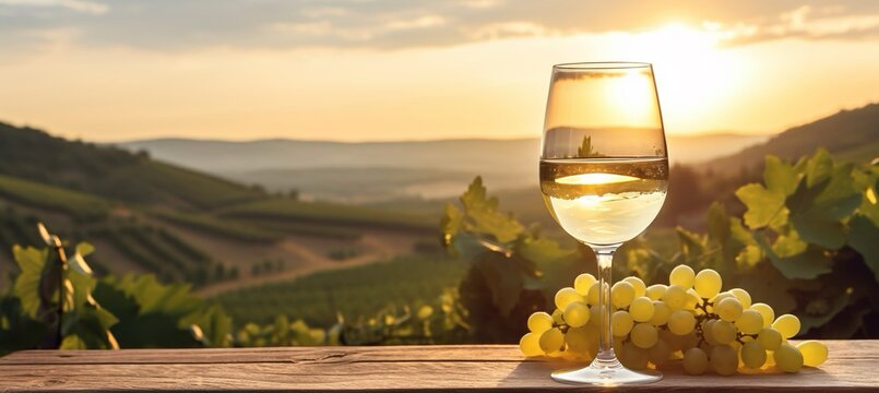 Bicchiere di vino bianco e uva bianca su tavolo di legno sullo sfondo di un paesaggio di vigneti e colline al tramonto