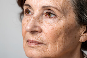 Fototapeta premium Close-up of an older woman's face showing dark age spots and pigmentation issues, highlighting skin aging and dermatology concerns