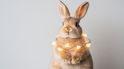 Obraz premium Cute Bunny with Fairy Lights on Neutral Background Smiling