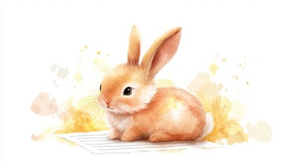 Cute Bunny with Soft Fur Sitting on a Blank Sheet of Paper Watercolor