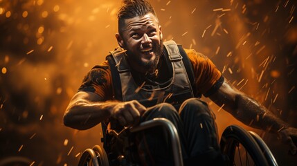 Obraz premium A wheelchair basketball player dribbling down the court