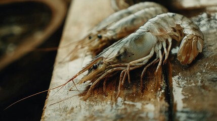 A close-up shot of fresh shrimp resting on a rustic wooden table, emphasizing its quality and freshness in a natural, sustainable seafood setting
