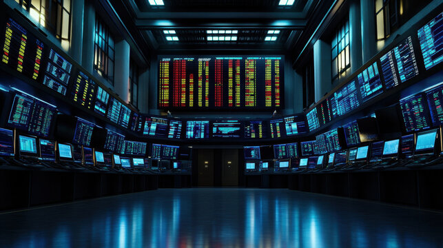 Empty stock exchange at night, illuminated by glowing screens and digital tickers