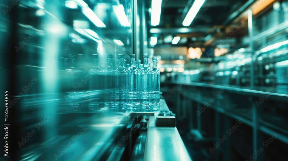 Poster A close-up view of milk bottles on a production line, moving quickly and neatly, capturing the precision of dairy bottling in a fast-paced factory.