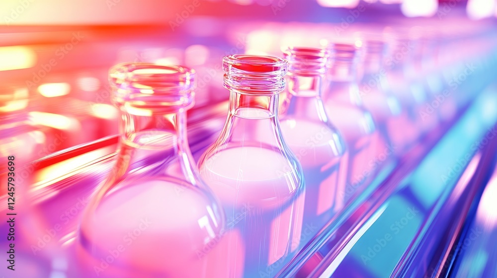 Poster A close-up view of milk bottles on a production line, moving quickly and neatly, capturing the precision of dairy bottling in a fast-paced factory.