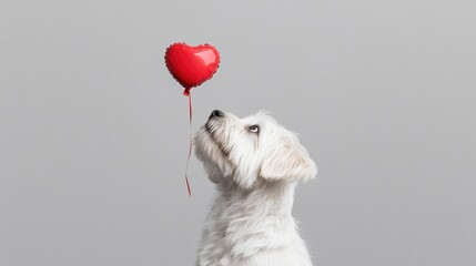 Cute White Dog Looking Up at Heart Balloon with Joyful Expression