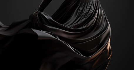 Dark black silk fabric flows in the wind, with fluid and organic shapes adding elegance to the scene. The fabric's smooth texture and minimalistic design give a pure, sophisticated feel.