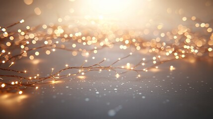 Festive golden lights sparkle on grey surface, bokeh background, holiday card