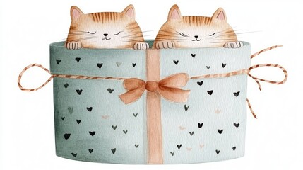 Cute Cats in a Gift Box with Bow and Heart Patterns in Pastel Colors Watercolor