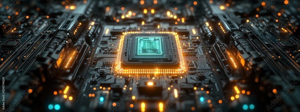 Poster futuristic ai processor in a neon circuit landscape with advanced technology and intelligent communi