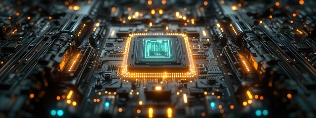 Futuristic AI Processor in a Neon Circuit Landscape with Advanced Technology and Intelligent Communication Systems