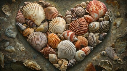 A collection of seashells arranged in a heart shape, highlighting the diverse textures and colors of the shells, set against a natural background.
