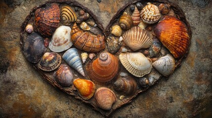 A collection of seashells arranged in a heart shape, highlighting the diverse textures and colors of the shells, set against a natural background.
