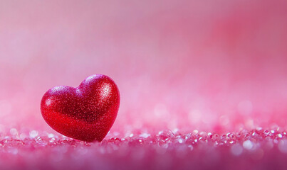 Obraz premium A small red heart on a pink glittery background with a blurred backdrop creates a soft, romantic atmosphere. The design offers ample space for text, making it perfect for Valentine?? Day themes.