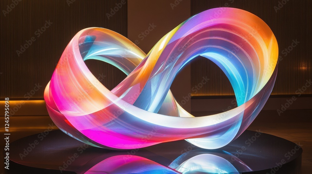 Poster a colorful, abstract sculpture shaped like an infinite loop, glowing under bright lighting, offering