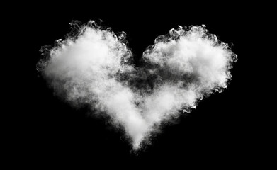 A white heart-shaped cloud floating against a black background, symbolizing love and romance. The elegant heart shape created by the cloud is ideal for love-themed designs or emotive visuals.
