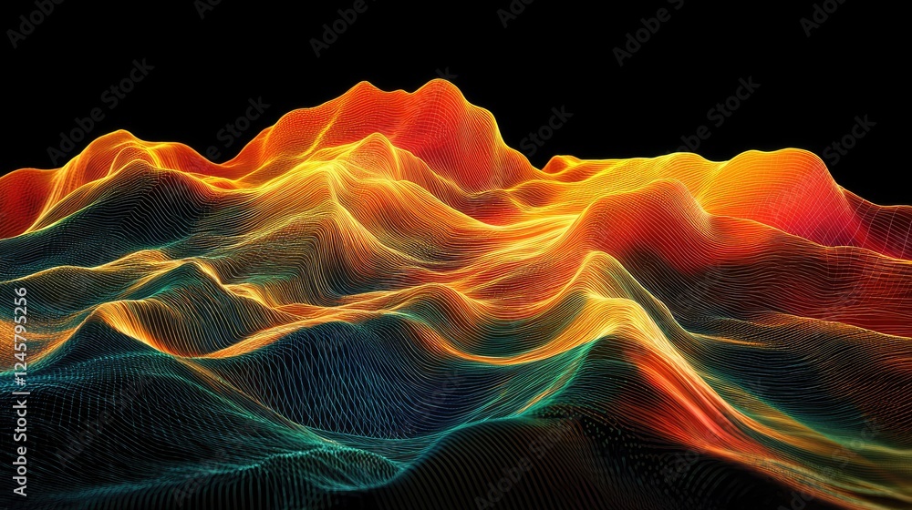 Poster A complex topographic data visualization with glowing lines and particles forming a futuristic landscape, ideal for tech and innovation-related projects.