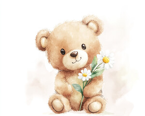 A cute teddy bear holding a flower, in simple watercolor style, set against a white background. The well-detailed, charming image of the bear makes it an adorable design element for various projects.