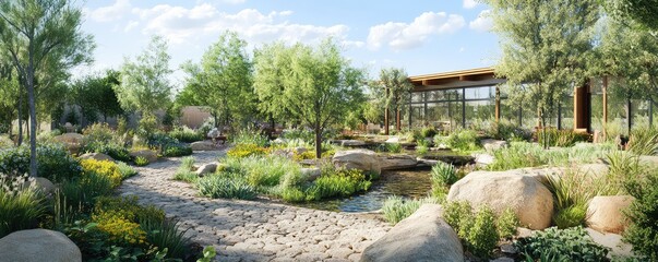 Peaceful garden with serene pond and lush greenery