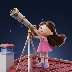a girl gazing at the stars through a telescope on a rooftop at night. The scene is rendered in a cute, 3D cartoon style.