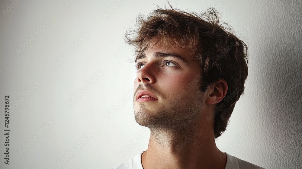 Wall mural Surprised young man looking over his shoulder with an expressive shocked face in a minimalist Scandinavian style