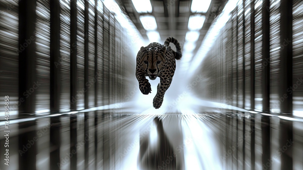 Poster cheetah in motion: a stunning display of speed and power through a modern tunnel