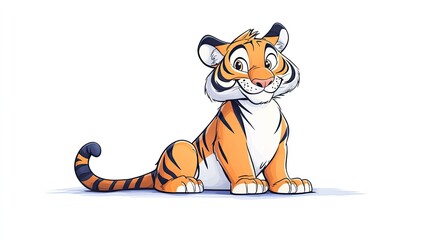 Playful cartoon tiger sitting on a white background, exuding charm and friendliness