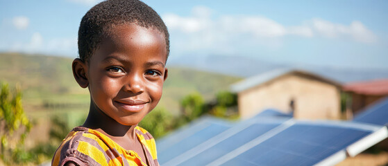 A smiling child stands in front of solar panels, showcasing a bright future and renewable energy.