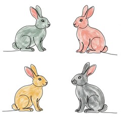 Fototapeta premium Collection of rabbits. Isolated line drawings with color spots. 