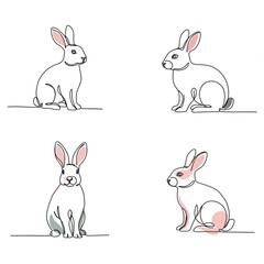 Fototapeta premium Collection of rabbits. Isolated line drawings with color spots. 