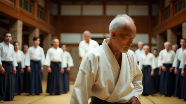 An elderly aikido master in a martial arts dojo surrounded by his students. Concept of a lifetime of skill, excellence and dedication.