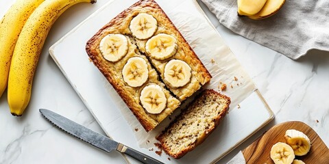 Golden banana bread topped with sliced bananas on a white cutting board, surrounded by ripe bananas, knife on the side, neutral kitchen background.