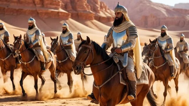 The legendary hero Saladin ibn Ayyub - Salah ad-Din Yusuf ibn Ayyub - leading his elite army through the desert, with grace and determination