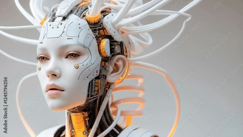 Poster a futuristic humanoid cyborg with a human face and a complex network of circuits and mechanical comp
