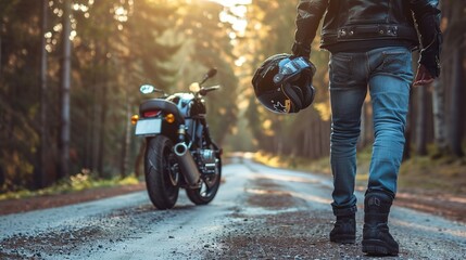 Biker walking towards motorcycle holding helmet, sunset ride, leather jacket, adventure road trip, motorcyclist silhouette, freedom on highway journey